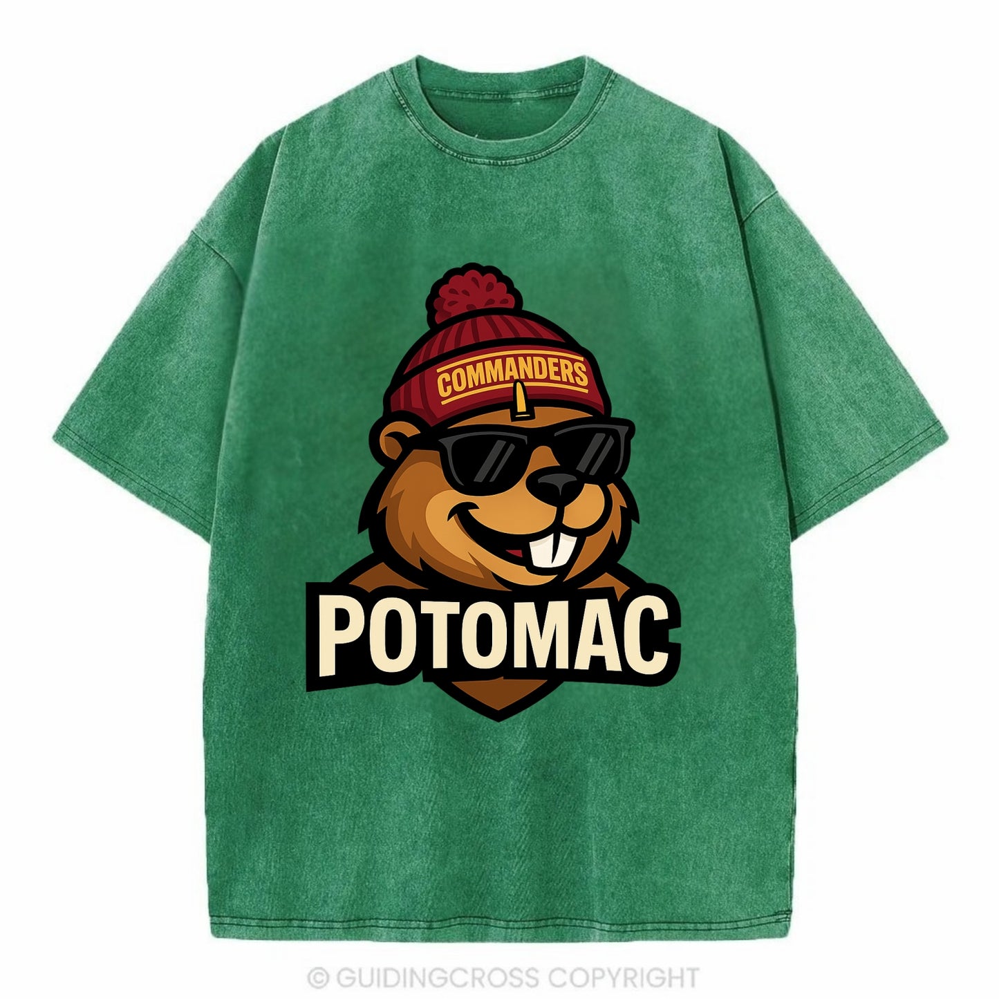 Potomac Beaver wearing Commanders beanie with monument patch and wayfarer - Vintage T-shirt - Forest Mist(Green)