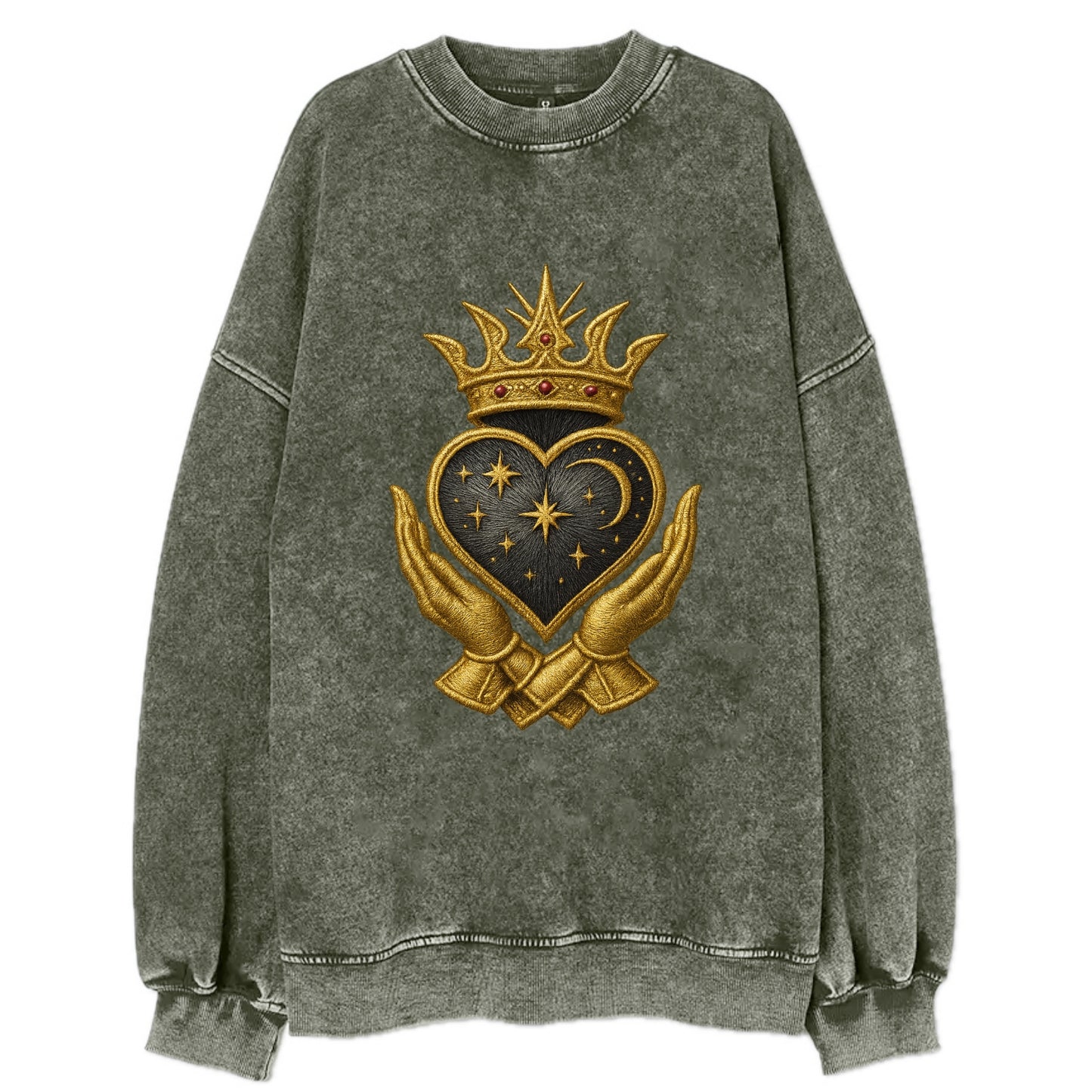 Hammered bronze warrior crown anchoring a dark steel heart with shield-bearing - Vintage Sweatshirt - Forest Mist(Green)