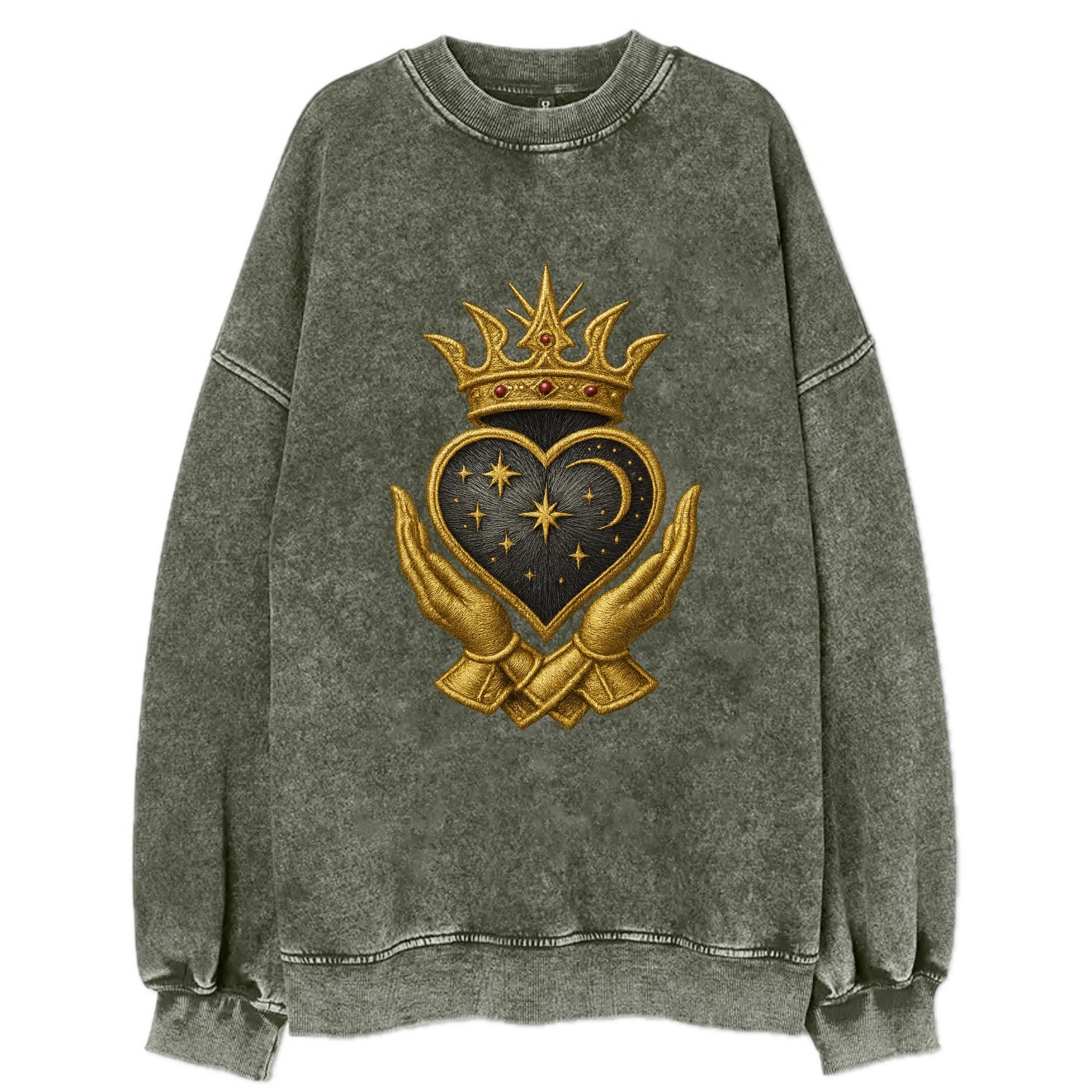 Hammered bronze warrior crown anchoring a dark steel heart with shield-bearing - Vintage Sweatshirt - Forest Mist(Green)