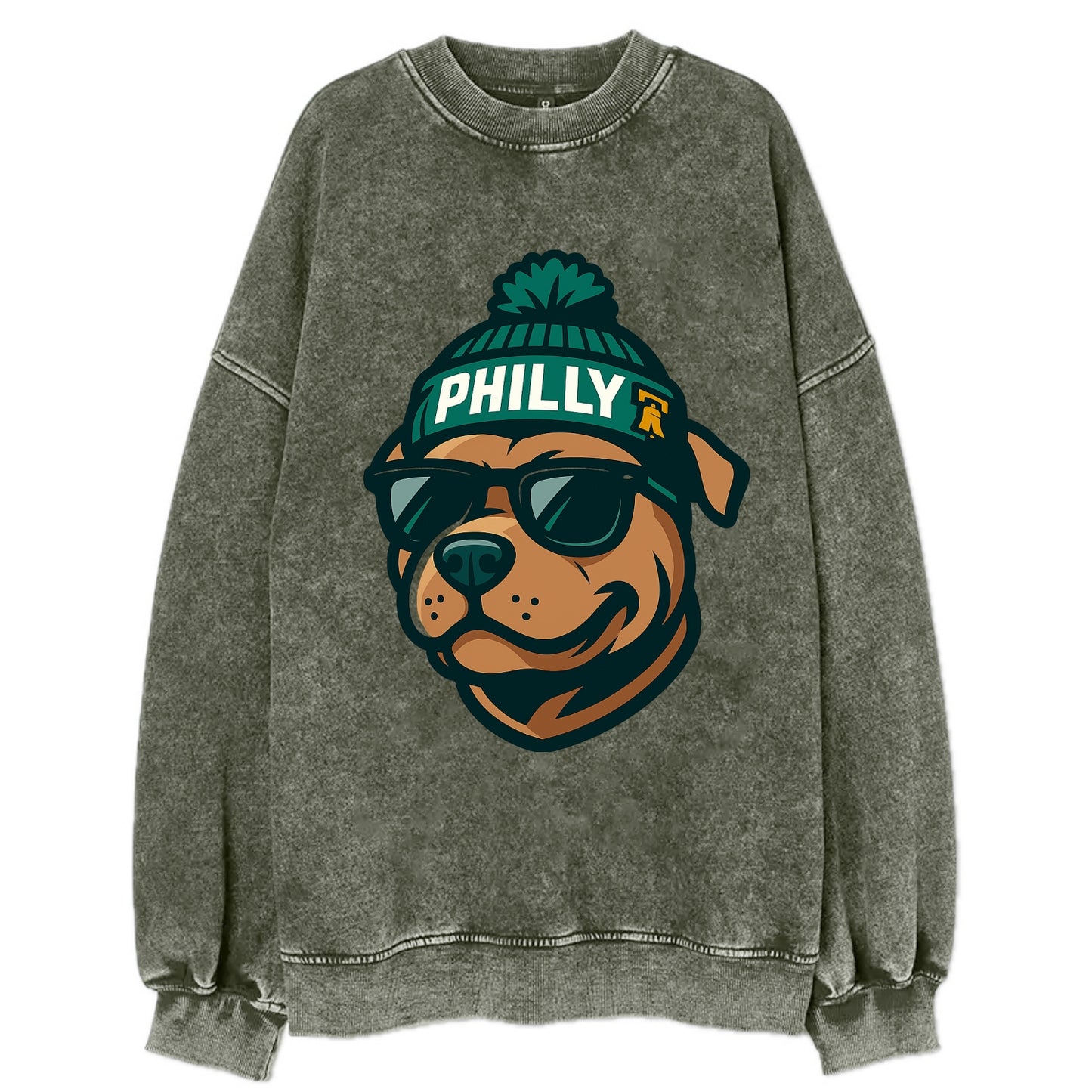 Philly Pitbull wearing Eagles beanie with Liberty Bell patch and wayfarer - Vintage Sweatshirt - Forest Mist(Green)