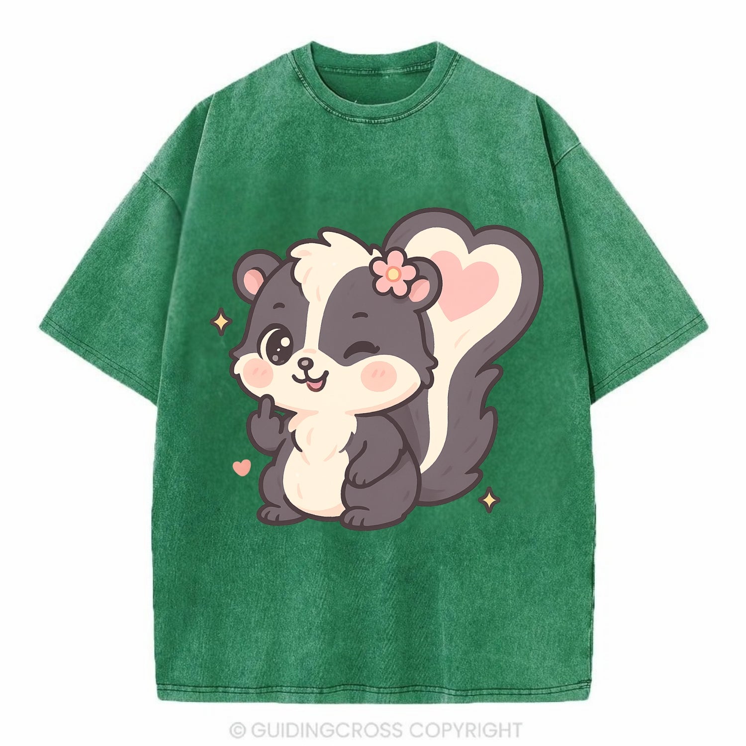 fluffy skunk with heart-shaped tail pattern, one paw up showing sass - Vintage T-shirt - Forest Mist(Green)