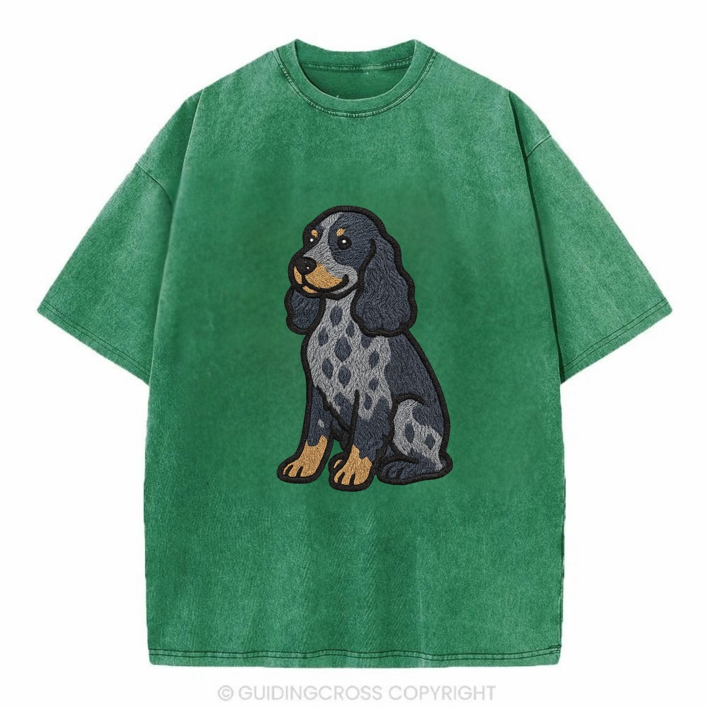English Cocker Spaniel - Blue roan embroidered sitting pose - Vintage T-shirt - Forest Mist(Green)