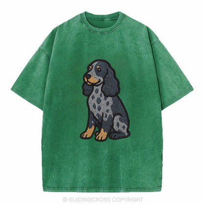 English Cocker Spaniel - Blue roan embroidered sitting pose - Vintage T-shirt - Forest Mist(Green)