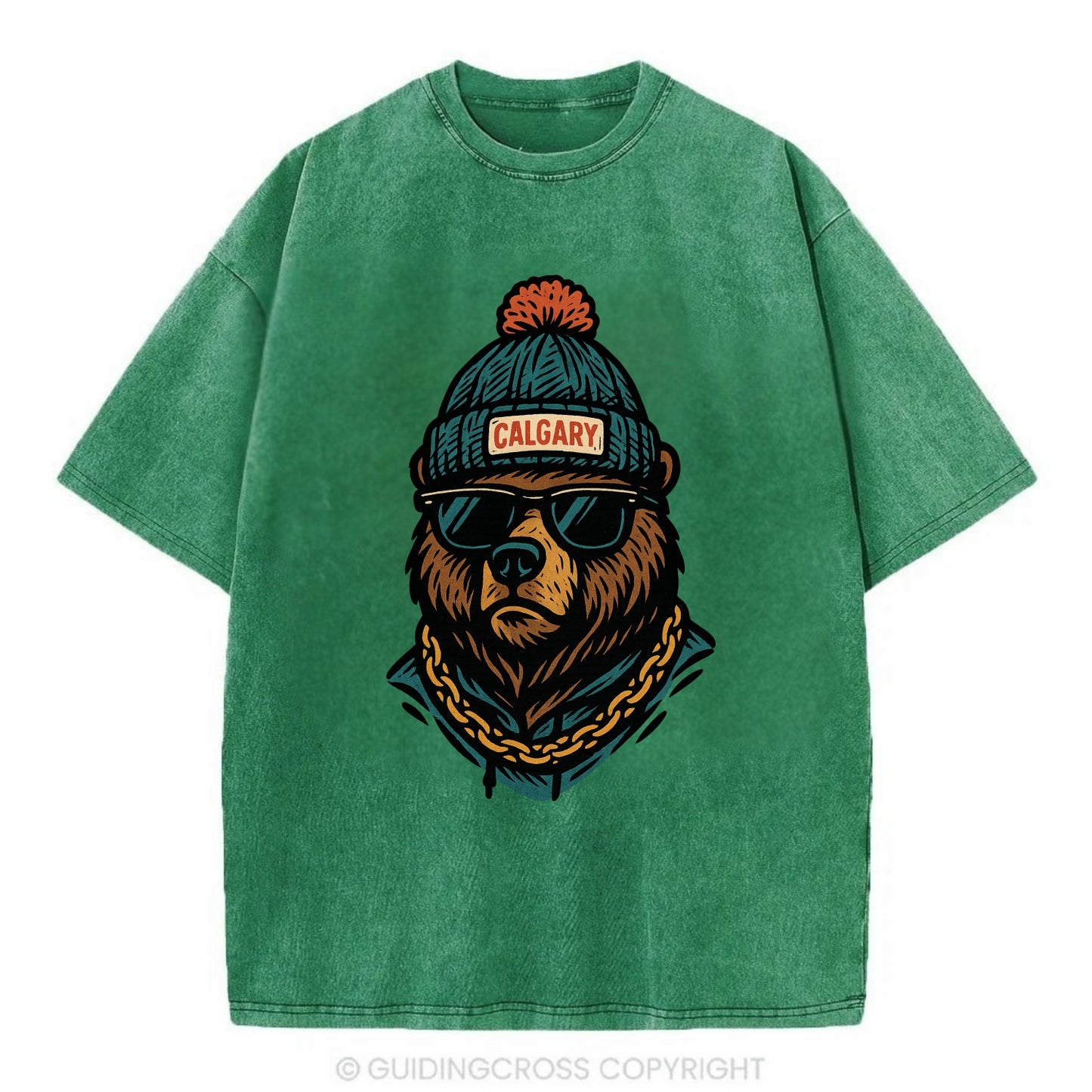 Calgary Grizzly Bear wearing Calgary beanie with pom pom and wayfarer sunglasses - Vintage T-shirt - Forest Mist(Green)