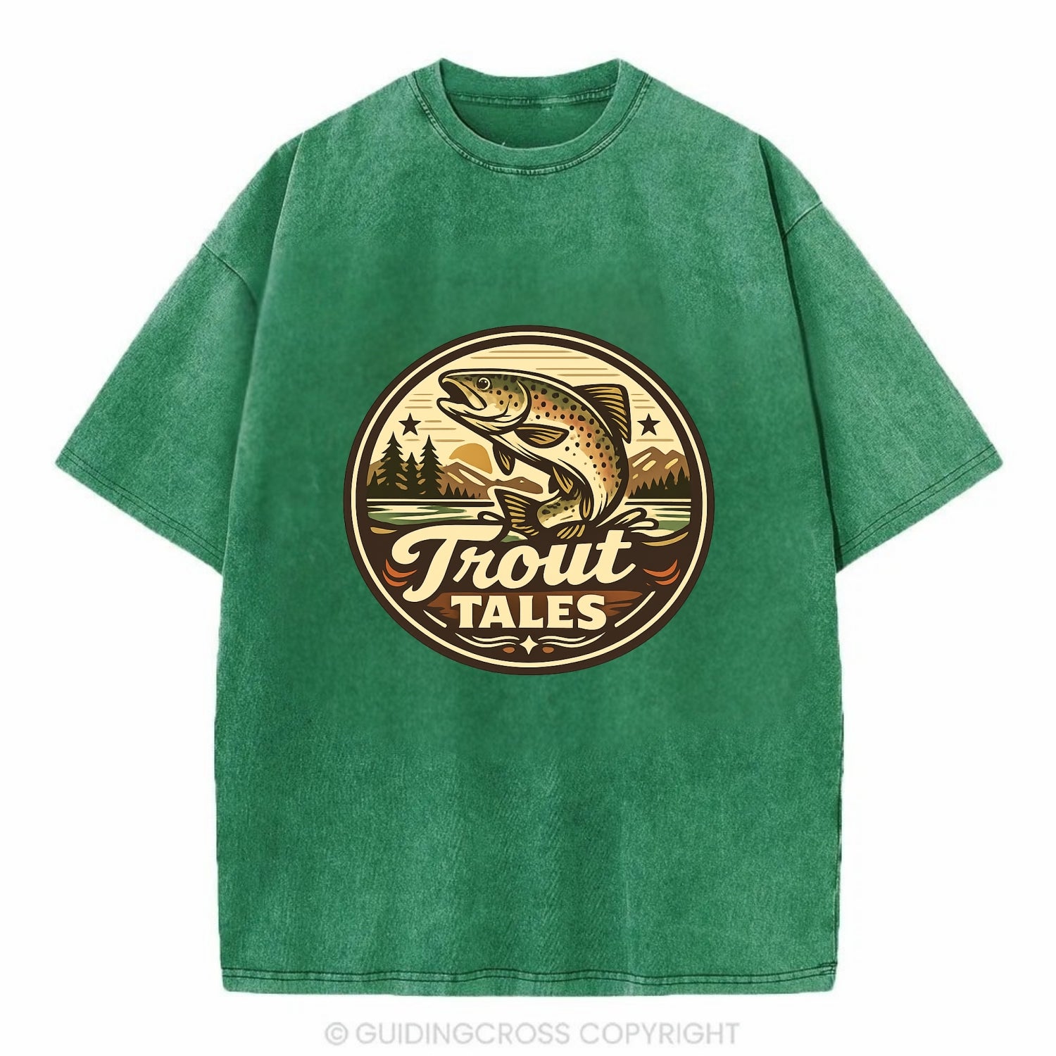 Trout Tales Adventure Emblem - Vintage T-shirt - Forest Mist(Green)