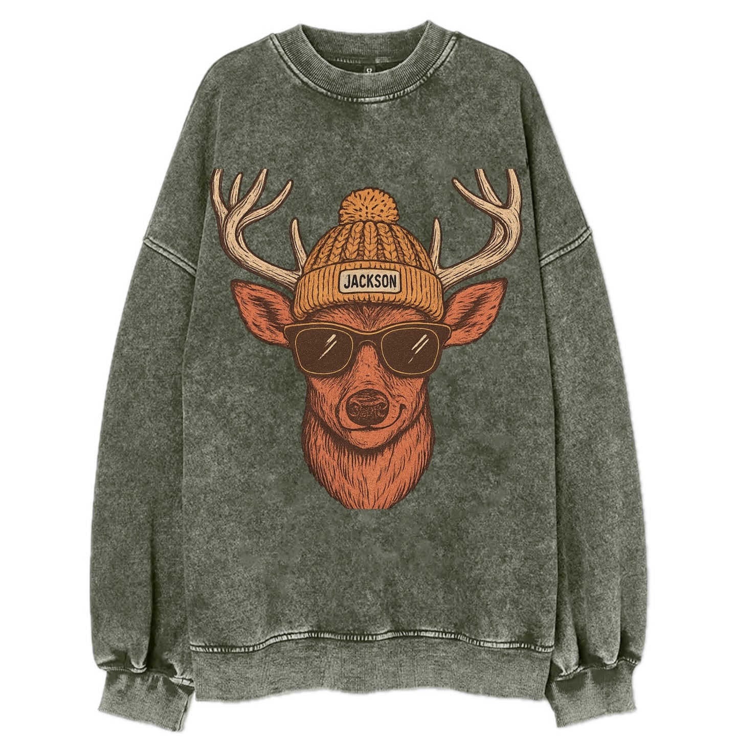 Mississippi White-tailed Deer wearing Jackson beanie with pom pom and wayfarer - Vintage Sweatshirt - Forest Mist(Green)
