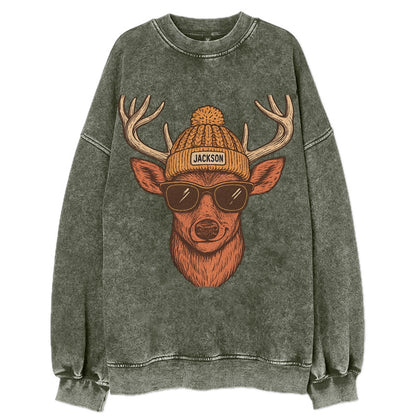 Mississippi White-tailed Deer wearing Jackson beanie with pom pom and wayfarer - Vintage Sweatshirt - Forest Mist(Green)