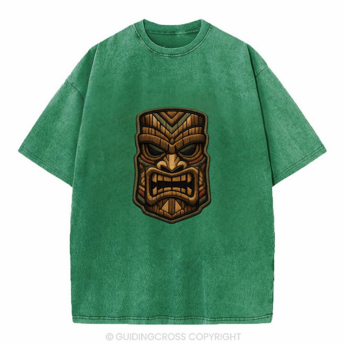 TIKI MASK - carved totem in brown and red , Polynesian - Vintage T-shirt - Forest Mist(Green)