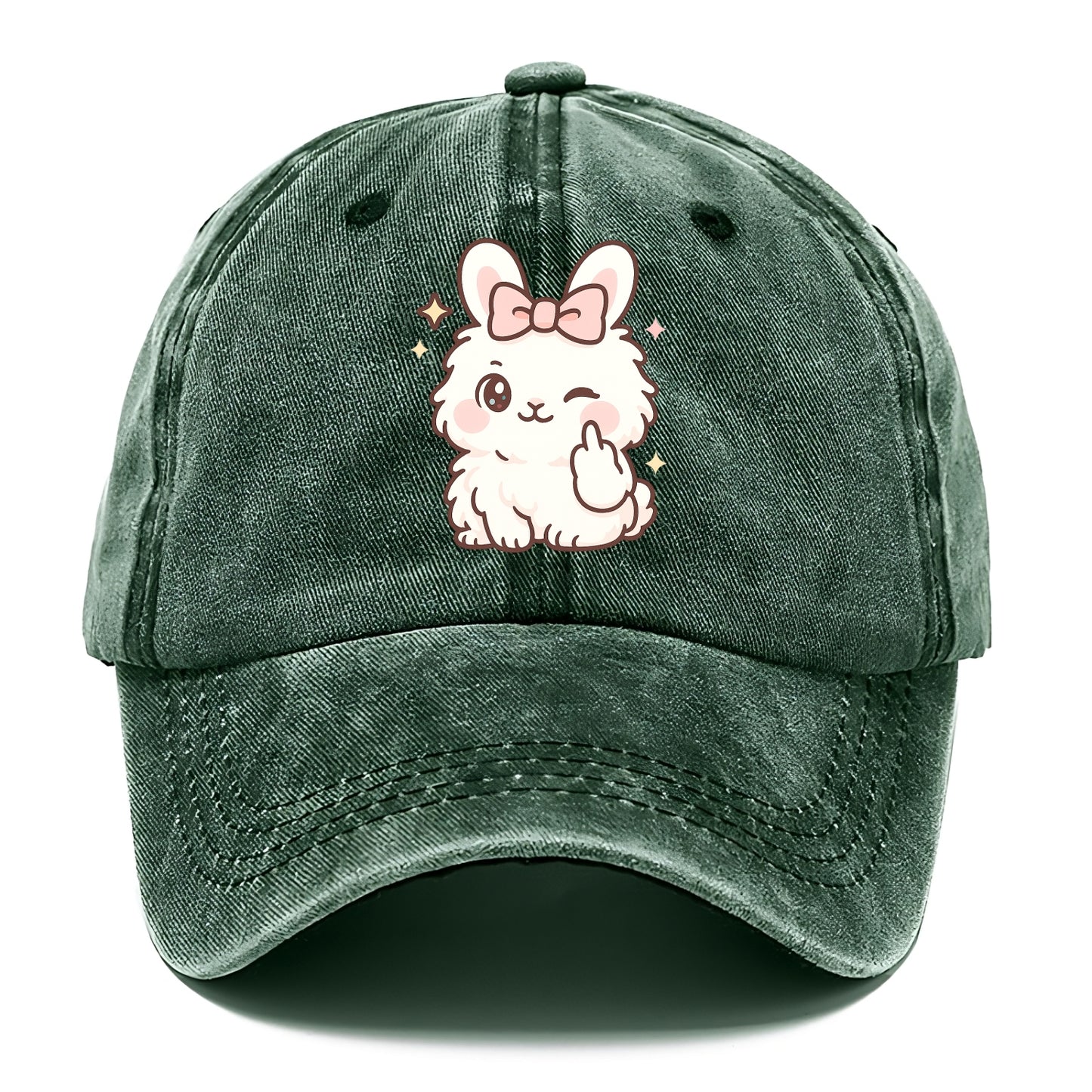 fluffy white angora rabbit with pink bow, one paw delicately flipping off - Classic Cap - Forest Mist(Green)