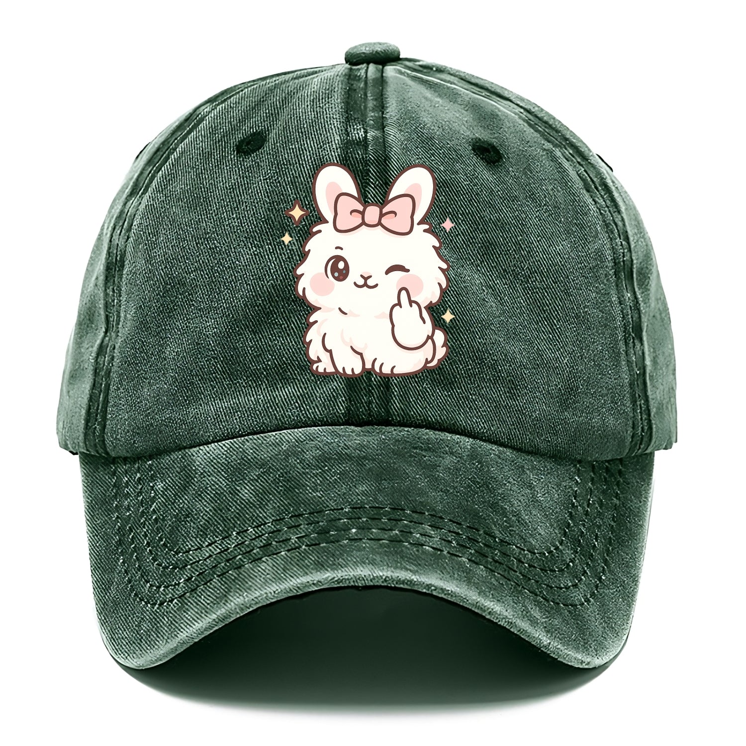 fluffy white angora rabbit with pink bow, one paw delicately flipping off - Classic Cap - Forest Mist(Green)