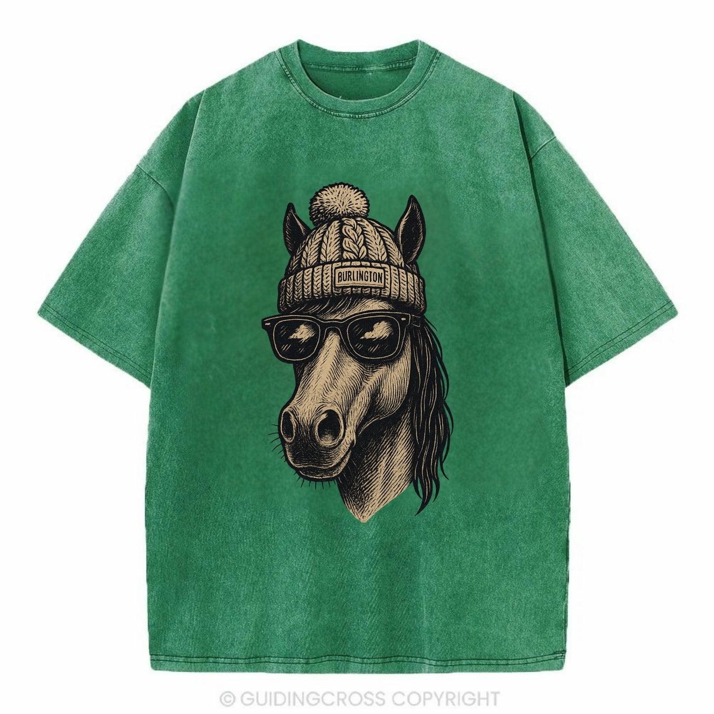 Vermont Morgan Horse wearing Burlington beanie with pom pom and wayfarer - Vintage T-shirt - Forest Mist(Green)