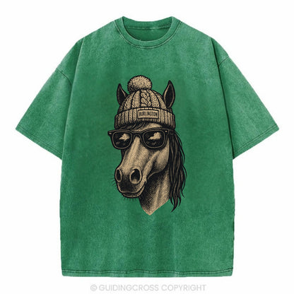 Vermont Morgan Horse wearing Burlington beanie with pom pom and wayfarer - Vintage T-shirt - Forest Mist(Green)