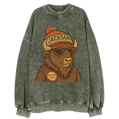 Jackson Hole Bison wearing Jackson beanie with pom pom and wayfarer sunglasses - Vintage Sweatshirt - Forest Mist(Green)