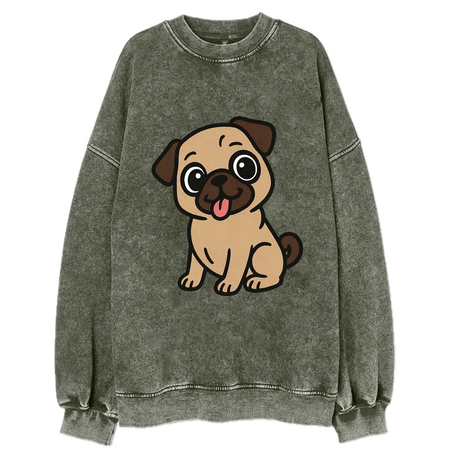 Pug - Tilted head with tongue out - Vintage Sweatshirt - Forest Mist(Green)
