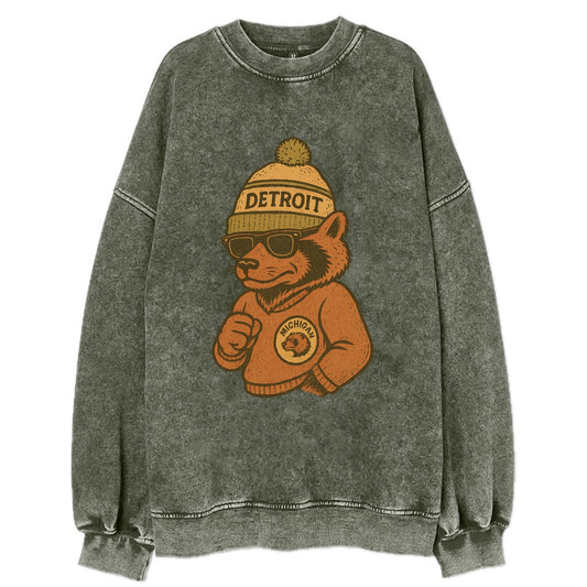 Michigan Wolverine wearing Detroit beanie with pom pom and wayfarer sunglasses - Vintage Sweatshirt - Forest Mist(Green)