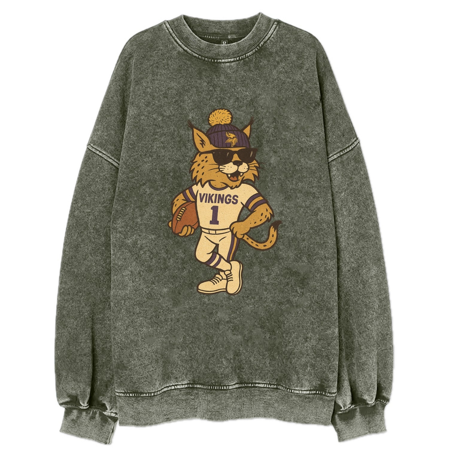 Minneapolis Lynx wearing Vikings beanie with Norse patch and wayfarer - Vintage Sweatshirt - Forest Mist(Green)