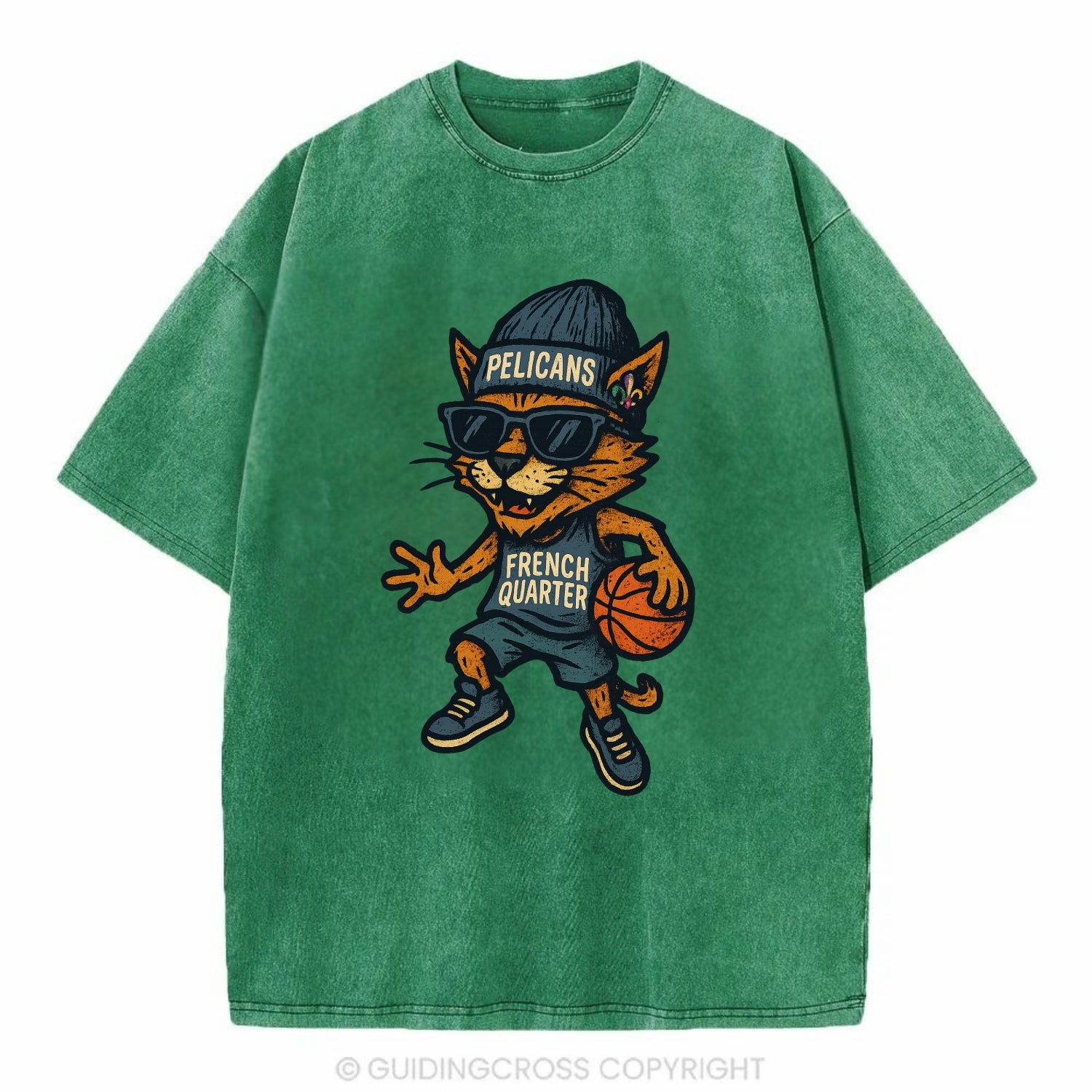 French Quarter Cat wearing Pelicans beanie with Mardi Gras patch and wayfarer - Vintage T-shirt - Forest Mist(Green)
