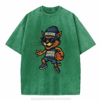 French Quarter Cat wearing Pelicans beanie with Mardi Gras patch and wayfarer - Vintage T-shirt - Forest Mist(Green)