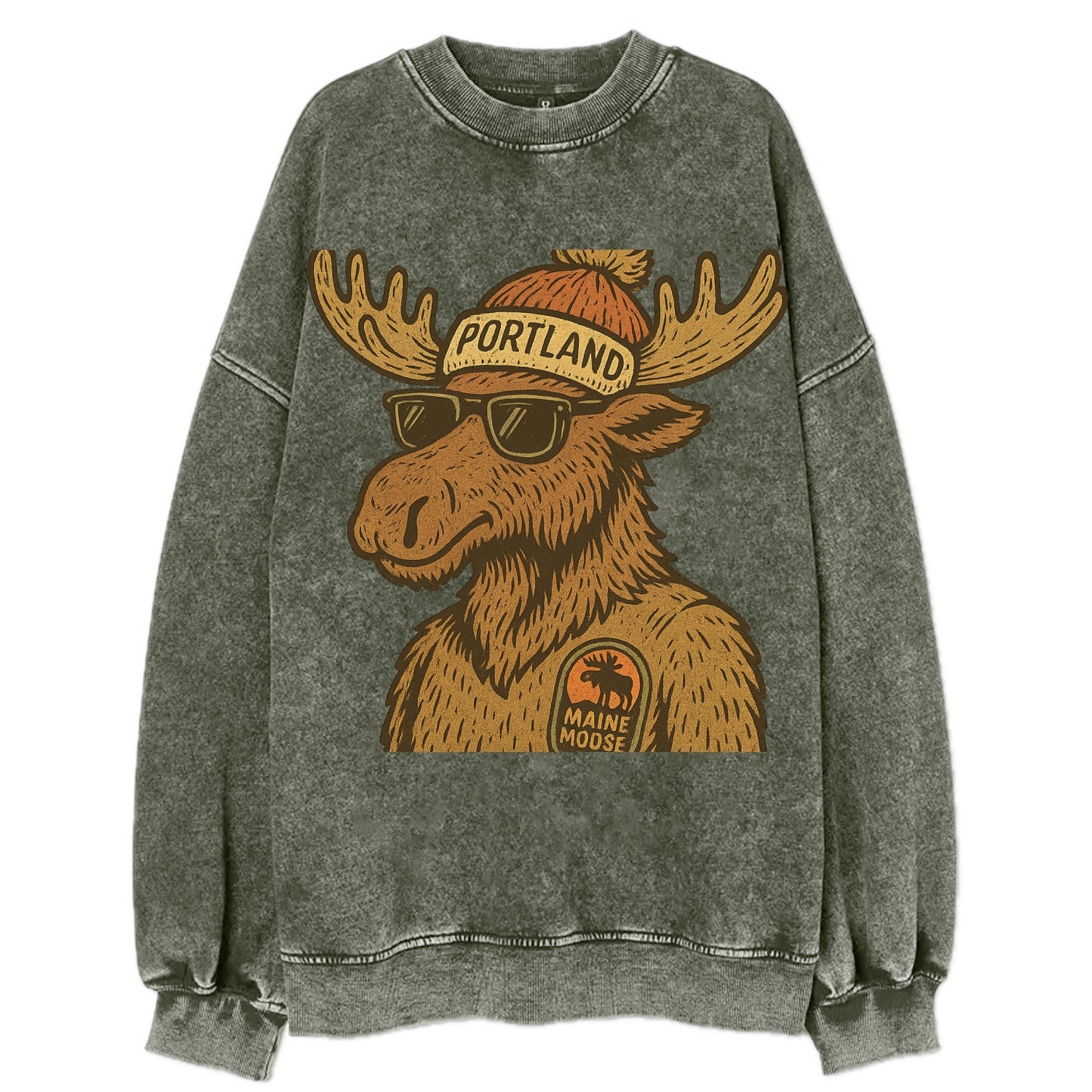 Maine Moose wearing Portland beanie with pom pom and wayfarer sunglasses - Vintage Sweatshirt - Forest Mist(Green)