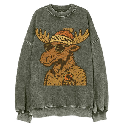 Maine Moose wearing Portland beanie with pom pom and wayfarer sunglasses - Vintage Sweatshirt - Forest Mist(Green)