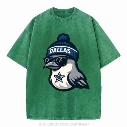 Dallas Mockingbird wearing Cowboys beanie with sheriff star and wayfarer - Vintage T-shirt - Forest Mist(Green)