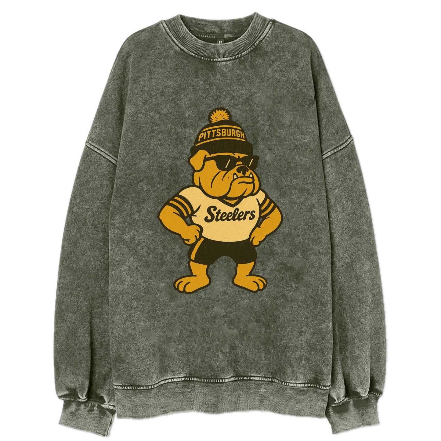 Pittsburgh Bulldog wearing Steelers black and gold beanie with pom pom and - Vintage Sweatshirt - Forest Mist(Green)