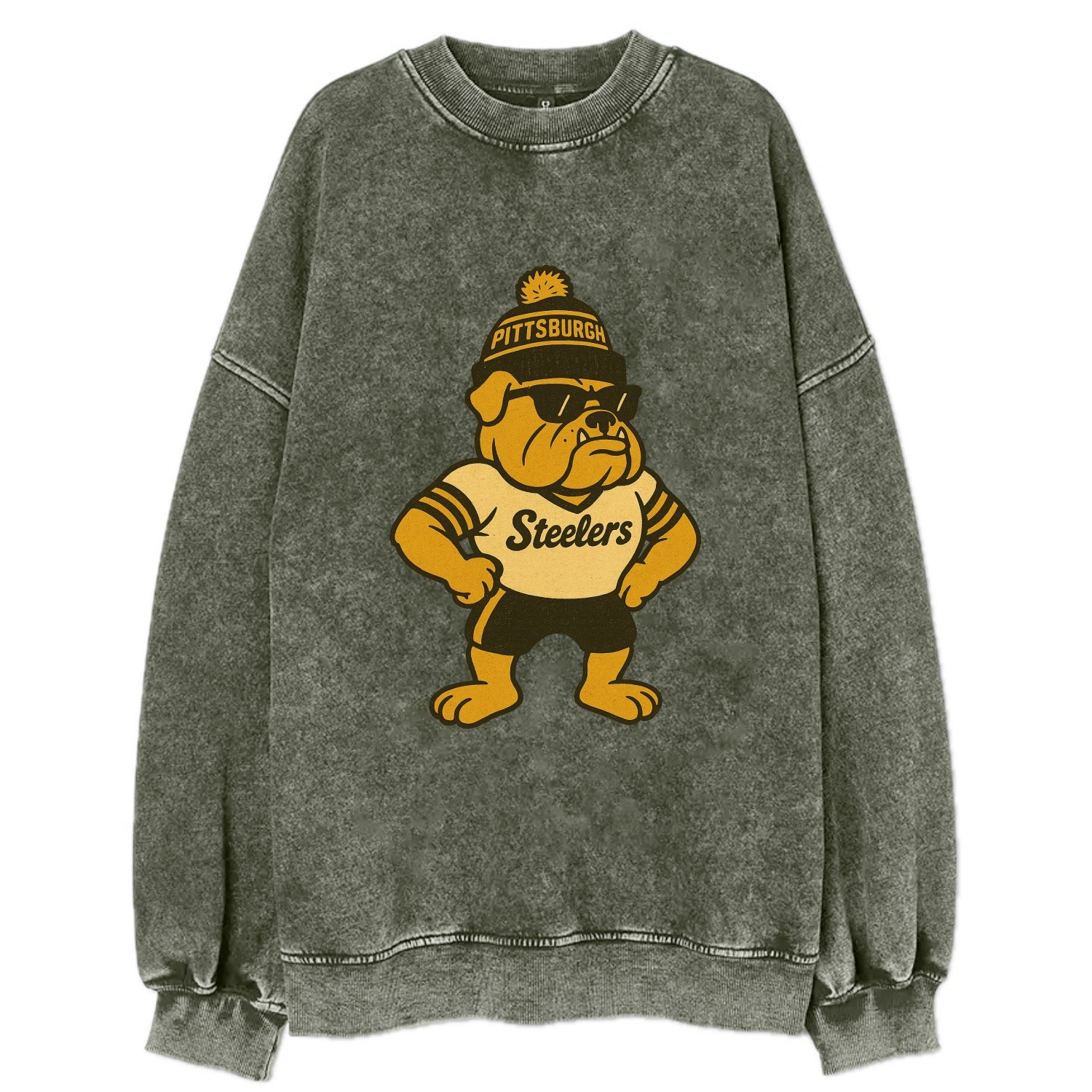 Pittsburgh Bulldog wearing Steelers black and gold beanie with pom pom and - Vintage Sweatshirt - Forest Mist(Green)