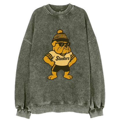 Pittsburgh Bulldog wearing Steelers black and gold beanie with pom pom and - Vintage Sweatshirt - Forest Mist(Green)