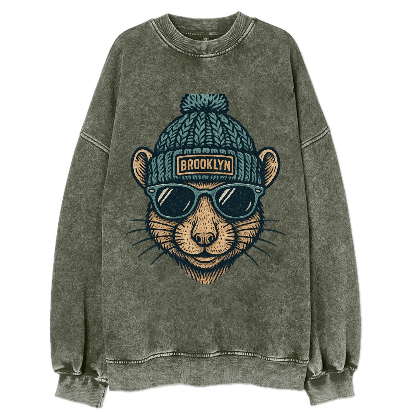 NYC Rat wearing Brooklyn beanie with pom pom and wayfarer sunglasses - Vintage Sweatshirt - Forest Mist(Green)