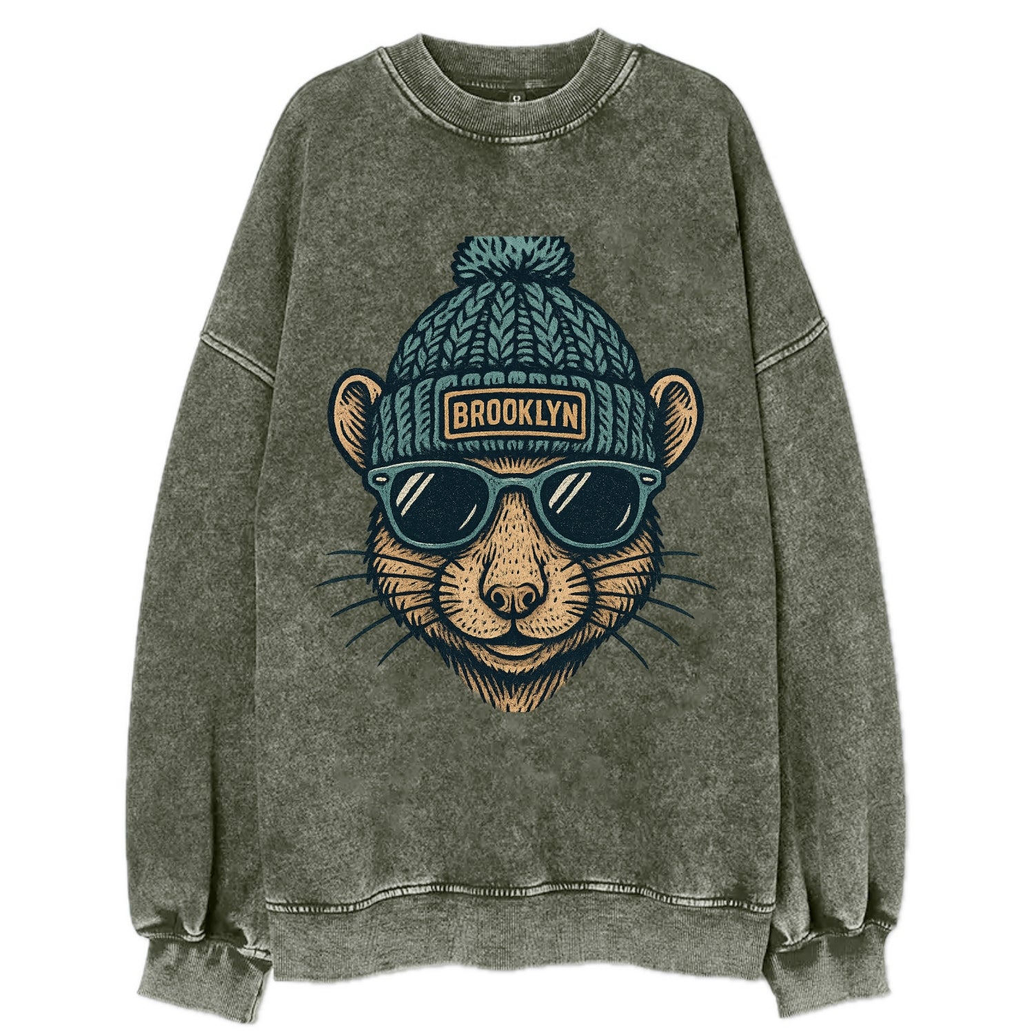 NYC Rat wearing Brooklyn beanie with pom pom and wayfarer sunglasses - Vintage Sweatshirt - Forest Mist(Green)