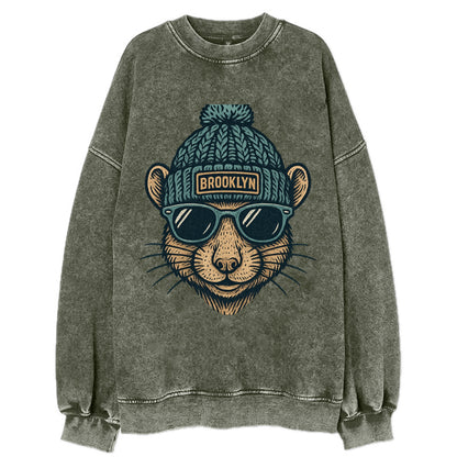 NYC Rat wearing Brooklyn beanie with pom pom and wayfarer sunglasses - Vintage Sweatshirt - Forest Mist(Green)