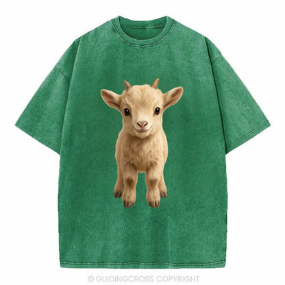 Baby Goat Kid - small horns, rectangular pupils, fluffy, playful eyes, - Vintage T-shirt - Forest Mist(Green)
