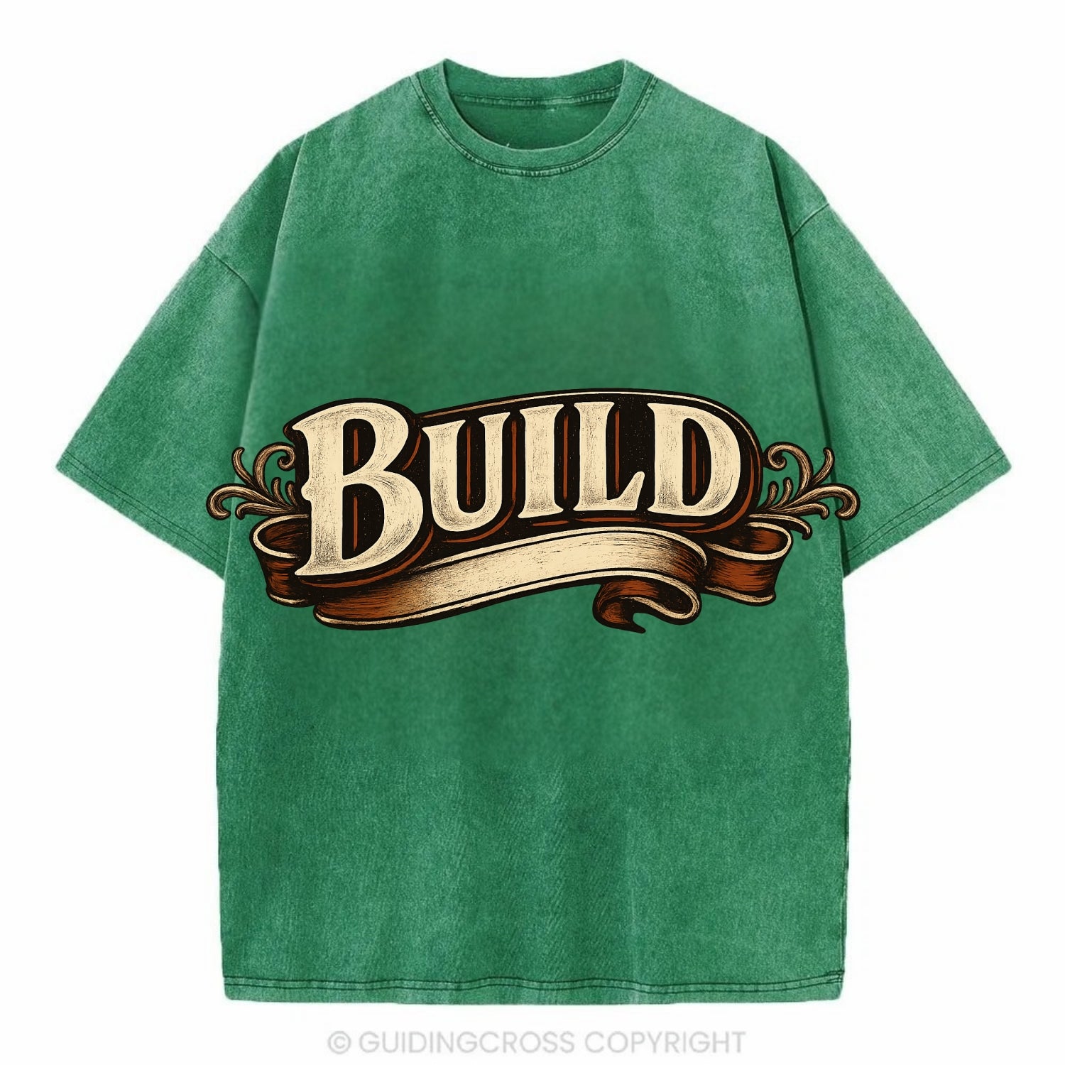 Bold typography design - "BUILD" - constructing, making real - Vintage T-shirt - Forest Mist(Green)
