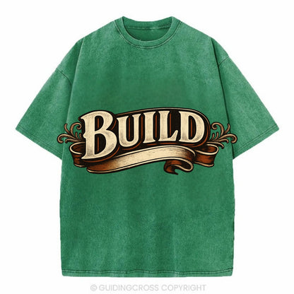 Bold typography design - "BUILD" - constructing, making real - Vintage T-shirt - Forest Mist(Green)