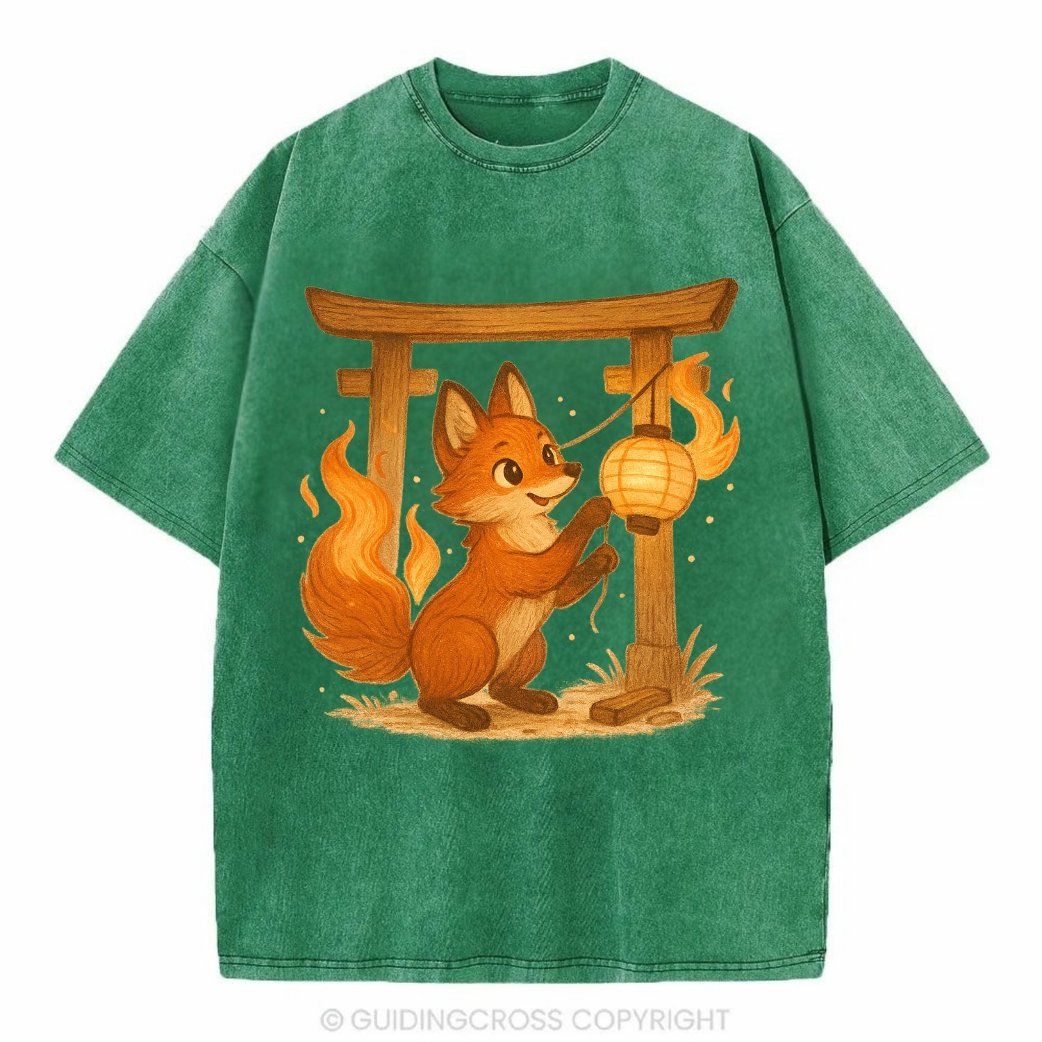 Foxfire kitsune stringing lanterns along a torii gate with tails of living flame - Vintage T-shirt - Forest Mist(Green)
