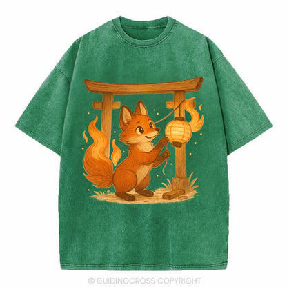 Foxfire kitsune stringing lanterns along a torii gate with tails of living flame - Vintage T-shirt - Forest Mist(Green)