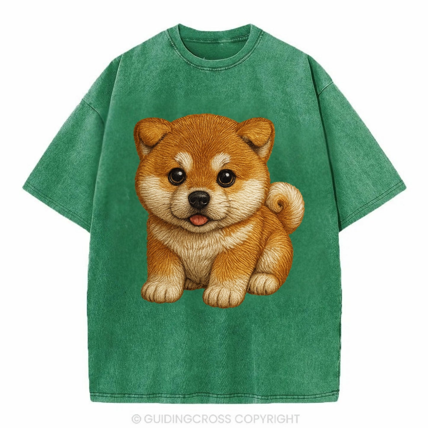 Baby Akita Puppy - fluffy bear-like, curled tail, dignified eyes, front-facing, - Vintage T-shirt - Forest Mist(Green)