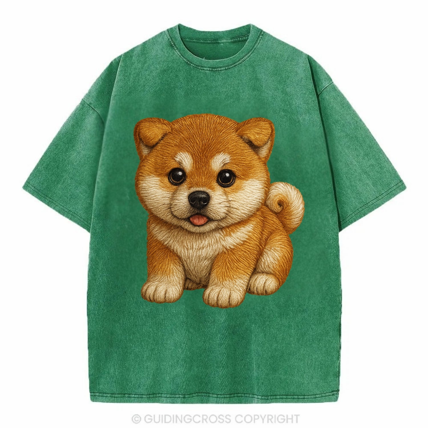 Baby Akita Puppy - fluffy bear-like, curled tail, dignified eyes, front-facing, - Vintage T-shirt - Forest Mist(Green)