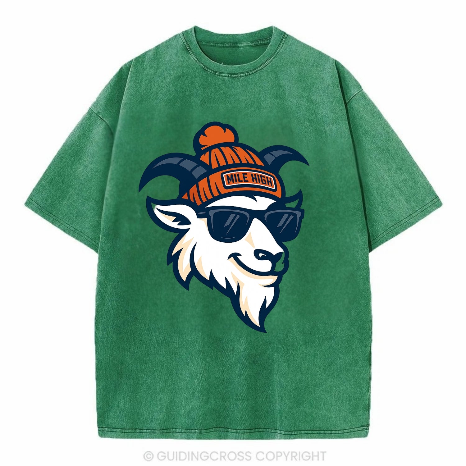 Denver Mountain Goat wearing Broncos beanie with Mile High patch and wayfarer - Vintage T-shirt - Forest Mist(Green)