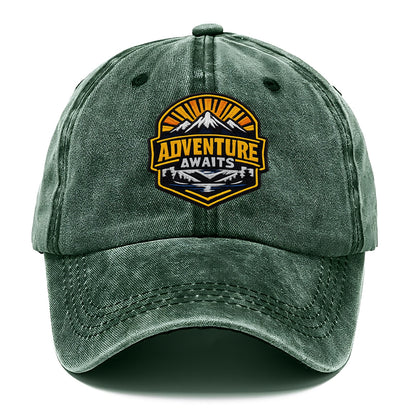 ADVENTURE AWAITS - mountain sunrise with text in gold and blue , wanderlust - Classic Cap - Forest Mist(Green)