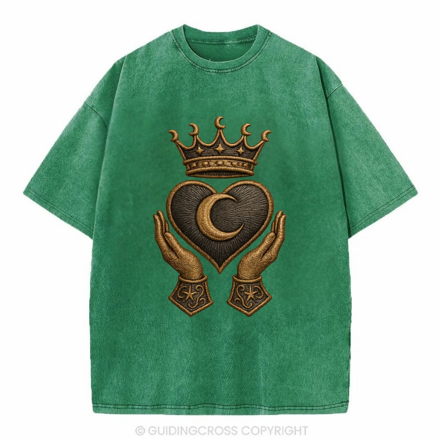 Moonlit crescent crown cradling a hematite heart with stargazer hands cupped - Vintage T-shirt - Forest Mist(Green)