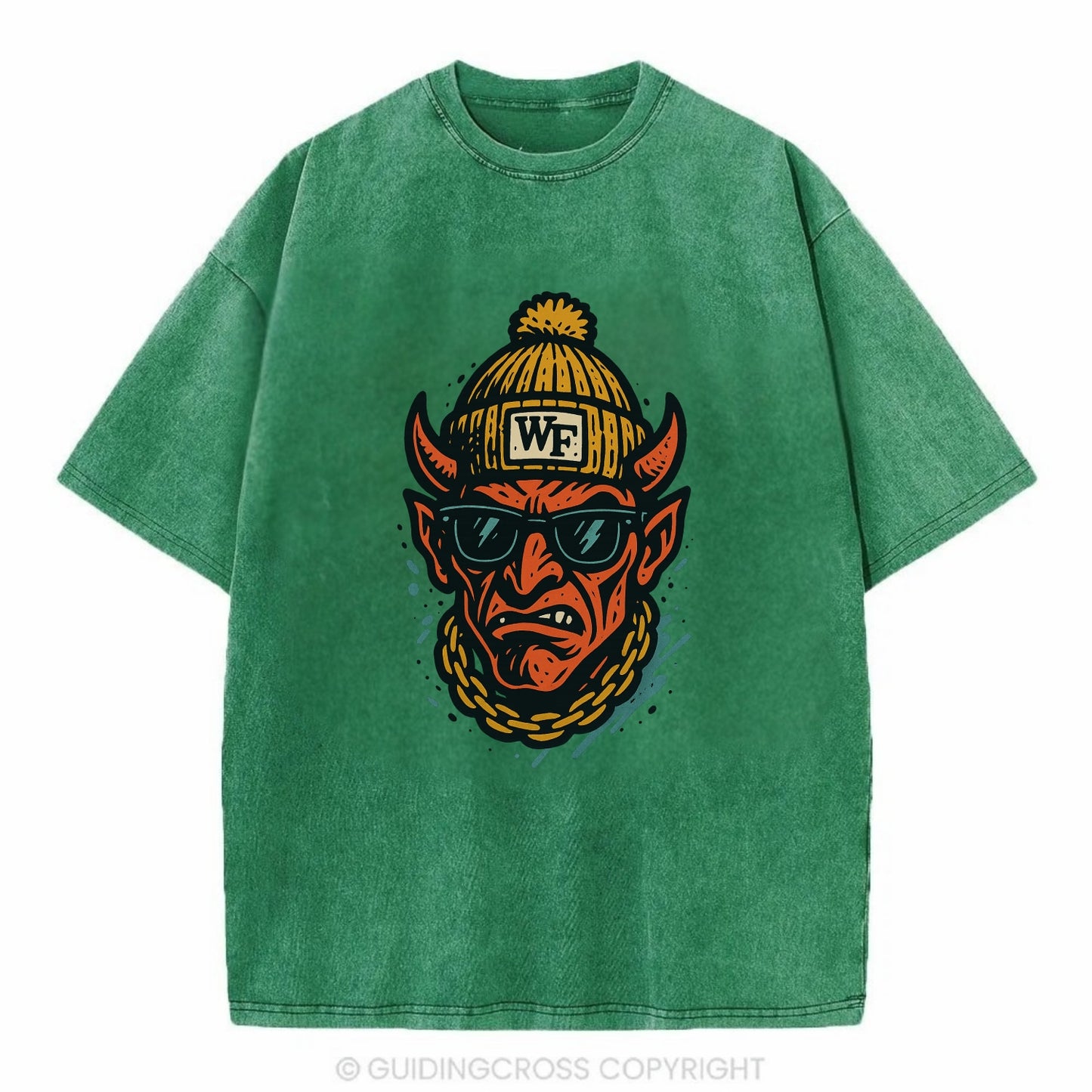 Winston-Salem Demon wearing Wake Forest beanie with WF patch - Vintage T-shirt - Forest Mist(Green)