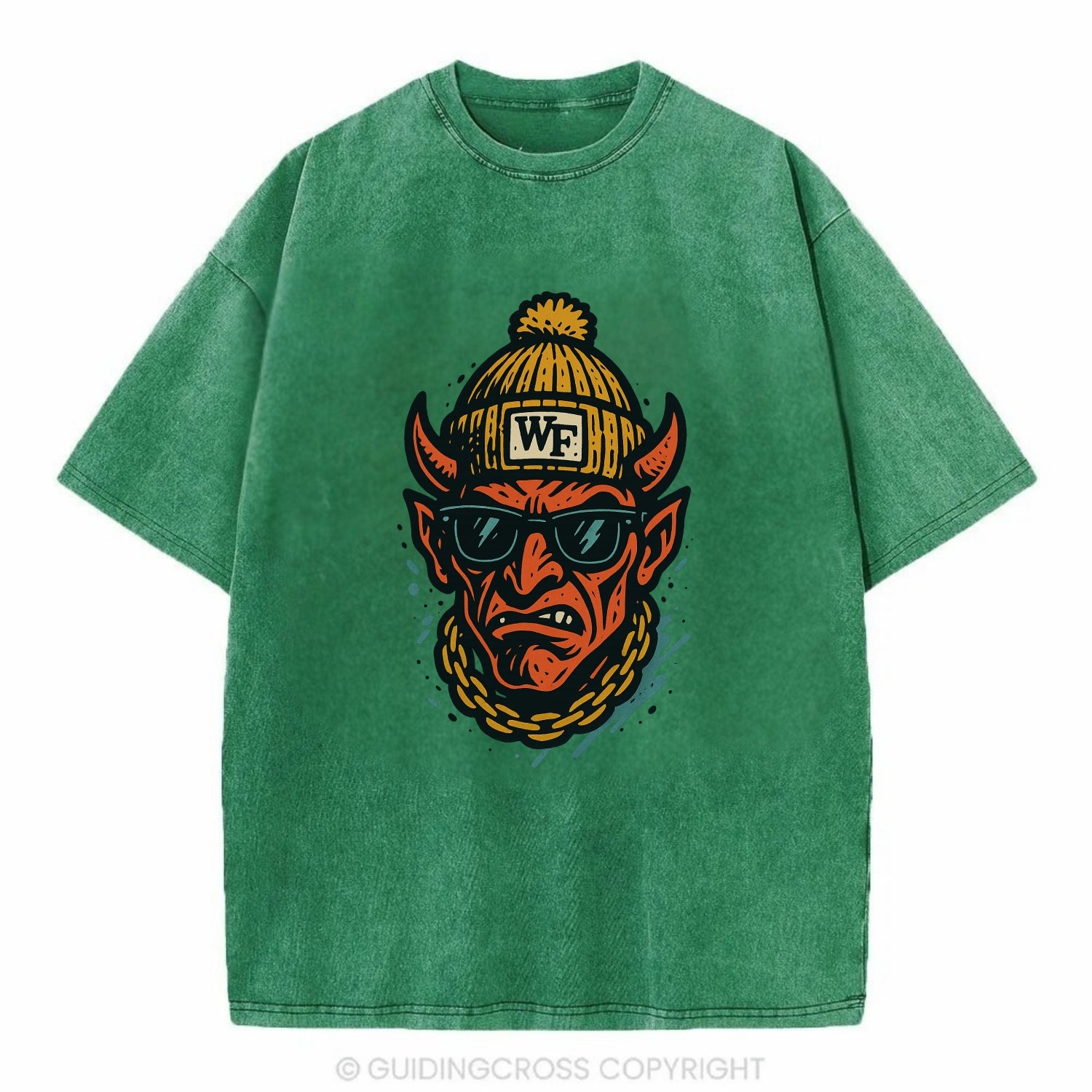 Winston-Salem Demon wearing Wake Forest beanie with WF patch - Vintage T-shirt - Forest Mist(Green)