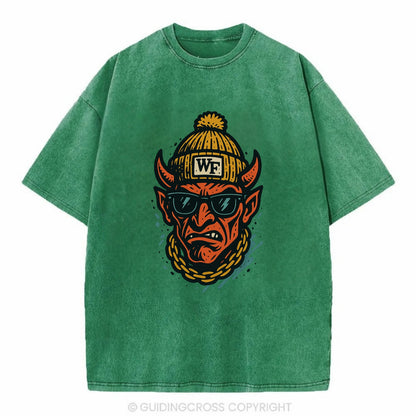 Winston-Salem Demon wearing Wake Forest beanie with WF patch - Vintage T-shirt - Forest Mist(Green)