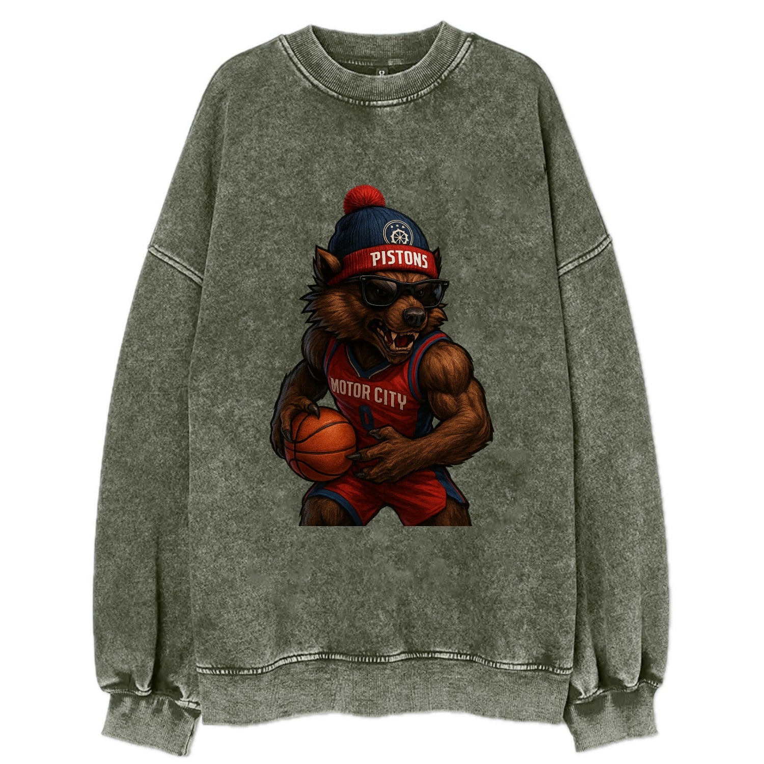 Motor City Wolverine wearing Pistons beanie with gear patch and wayfarer - Vintage Sweatshirt - Forest Mist(Green)
