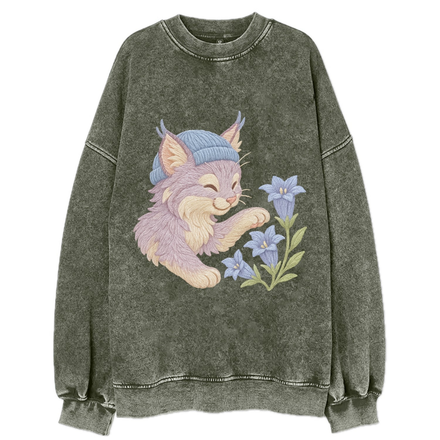 Lynx and Gentian  - Vintage Sweatshirt - Forest Mist(Green)