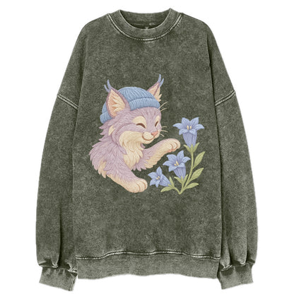 Lynx and Gentian  - Vintage Sweatshirt - Forest Mist(Green)