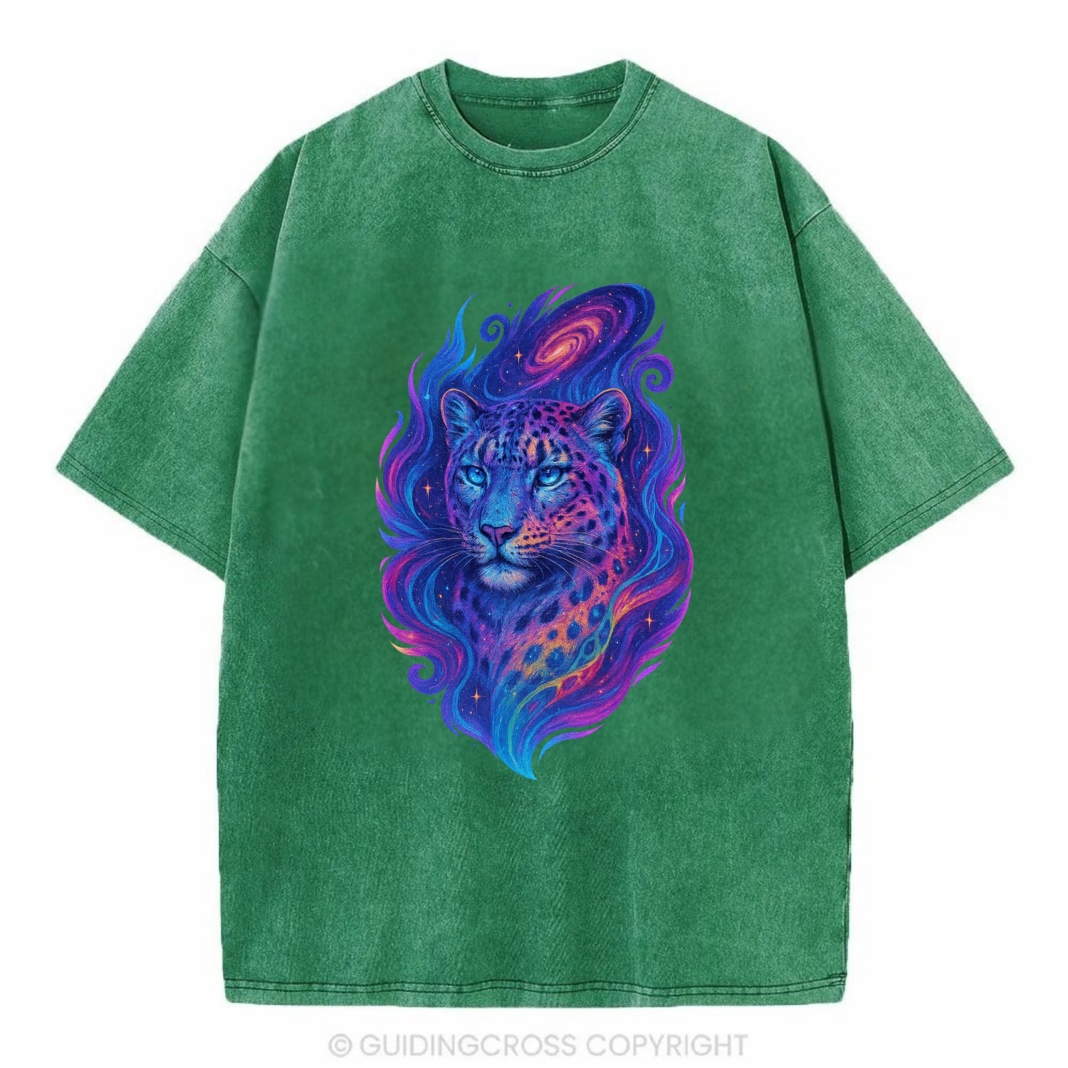Majestic snow leopard with rainbow gradient spots, crystalline flowing patterns, - Vintage T-shirt - Forest Mist(Green)