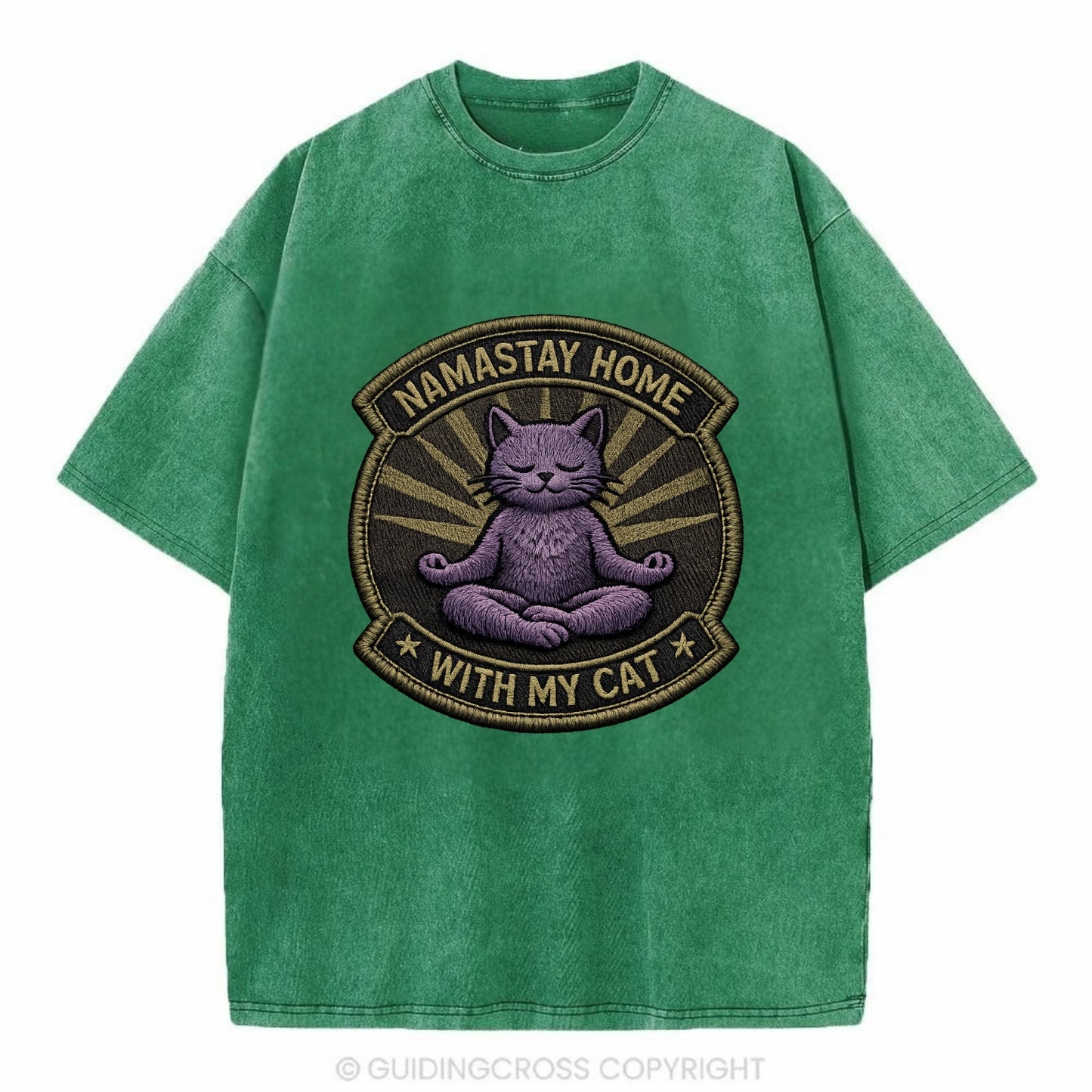 NAMASTAY HOME WITH MY CAT - yoga cat in purple , introvert cat - Vintage T-shirt - Forest Mist(Green)