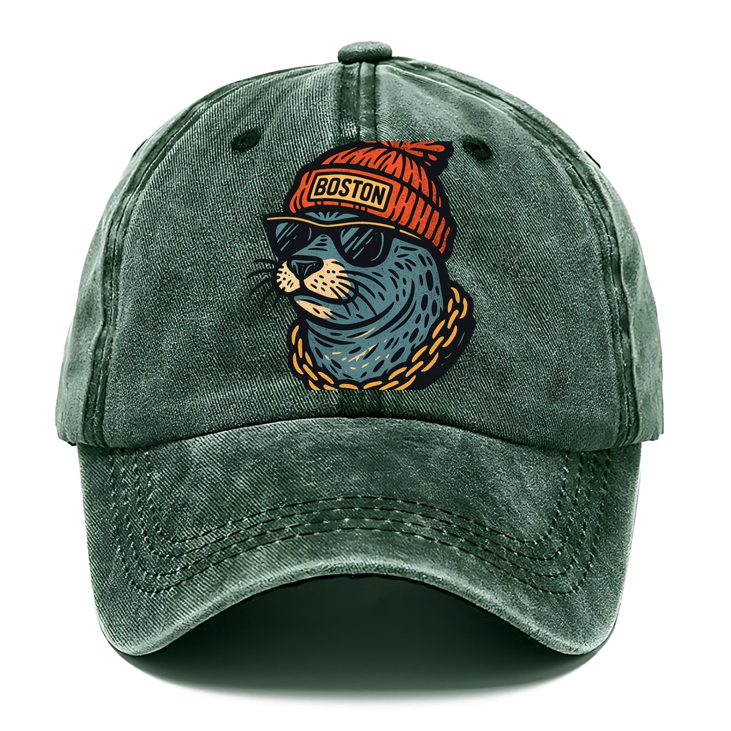 Boston Harbor Seal wearing Boston beanie with pom pom and wayfarer sunglasses - Classic Cap - Forest Mist(Green)